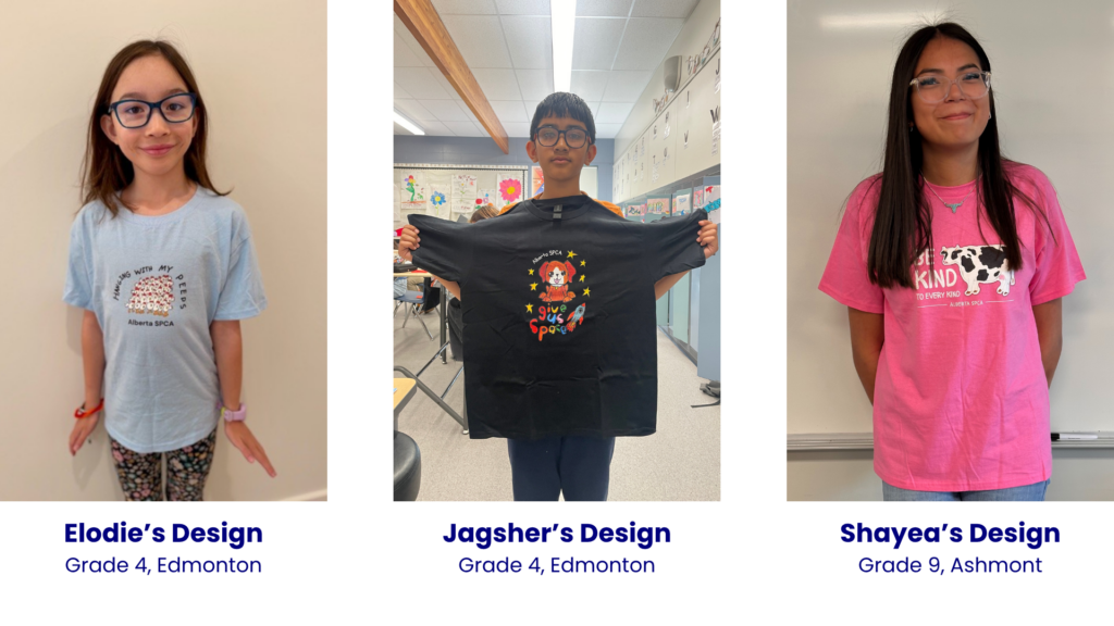 Three young individuals participating in Alberta SPCA T-shirt contest, showcasing their support for animal welfare.